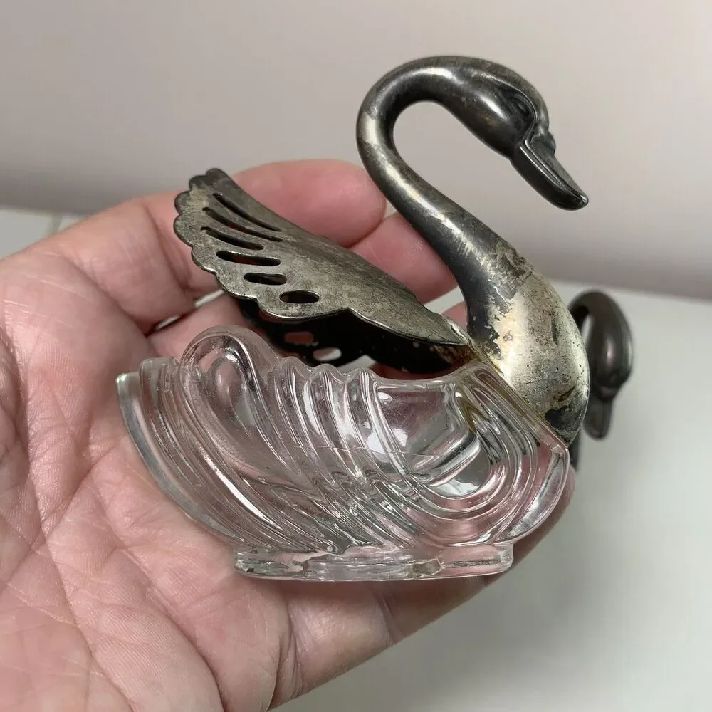 Swan Salt Cellar Silver Plated With Spoons Crystal Glass Tableware Collectible